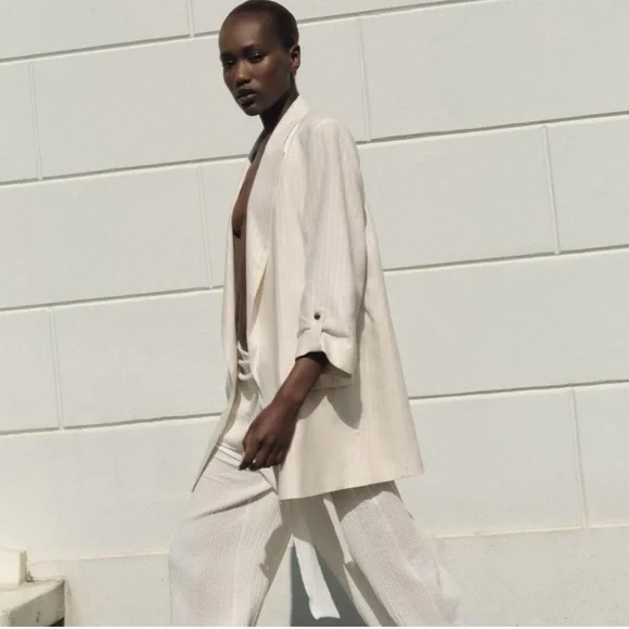 Zara Linen Blend Lightweight Open Front Blazer in Cream Pinstripe Sz Medium - Picture 2 of 16